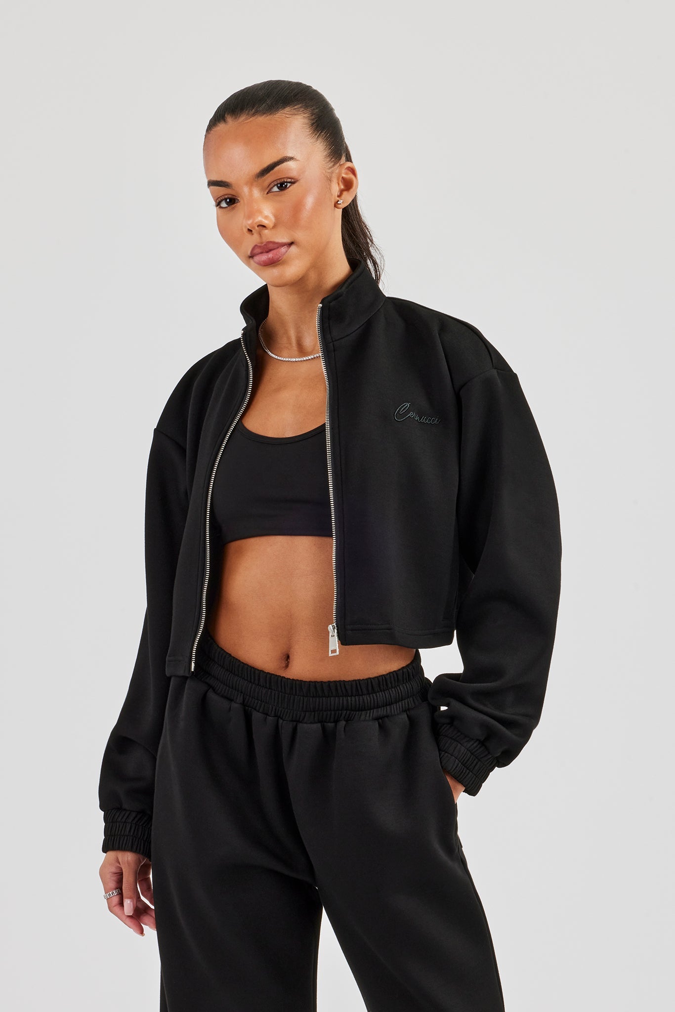 Scuba Funnel Neck Crop Jacket - Black